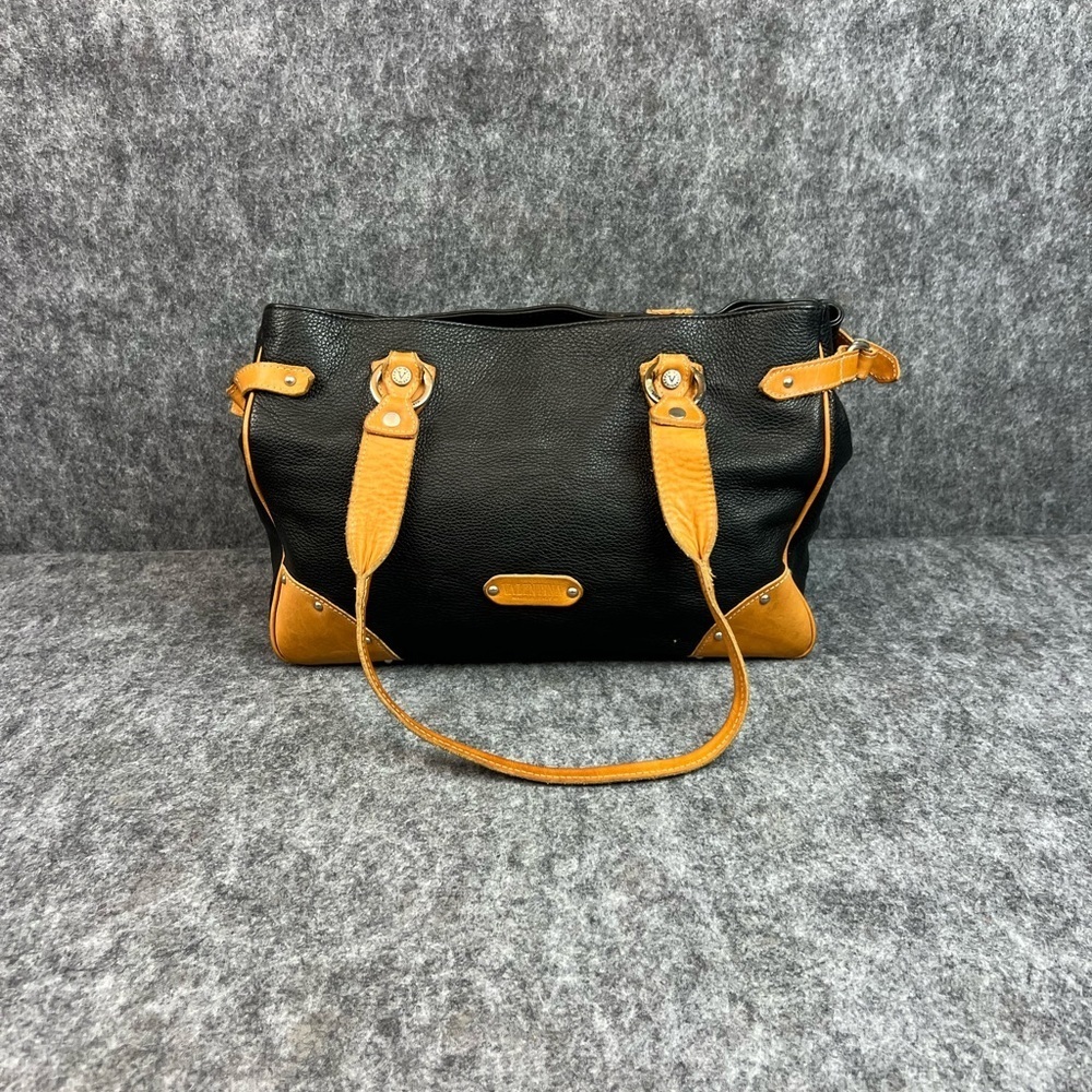 VALENTINA Mocha Leather Large Black and Tan Shoulder Bag Tote Bag Made In Italy - Picture 2 of 12